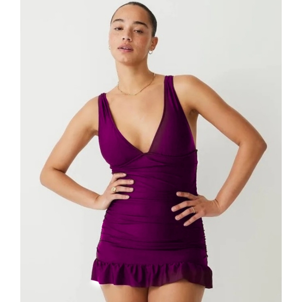 J.Crew Ruched V-Neck One Piece Swimsuit Size 8 Plum Purple Skirted Modest